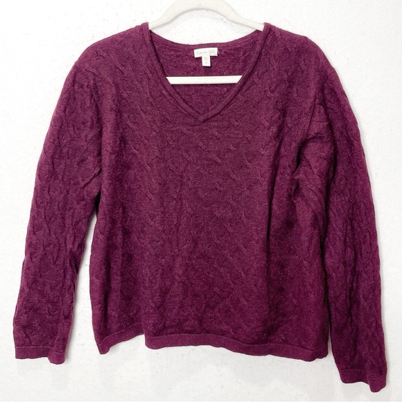Garnet Hill Dark Purple Alpaca Cotton Textured Knit V-Neck Sweater Size XL Cozy - Picture 2 of 6